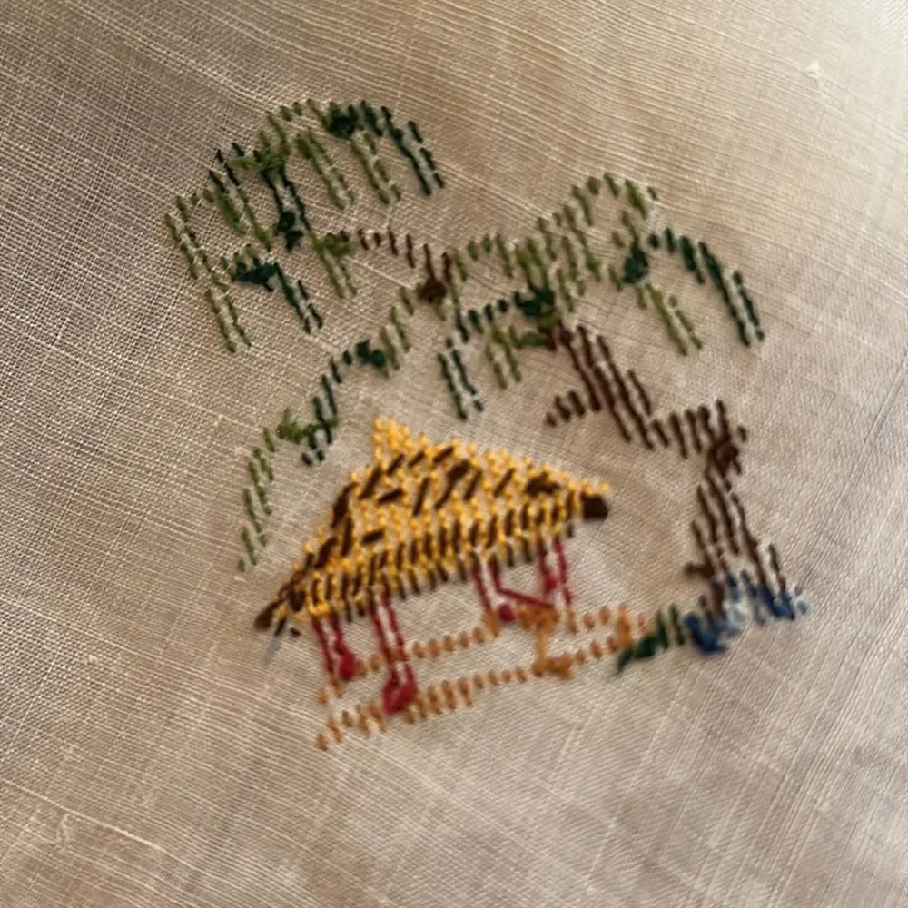 Vintage linen/muslin handkerchief or napkin with embroidered pagoda‎ & tree